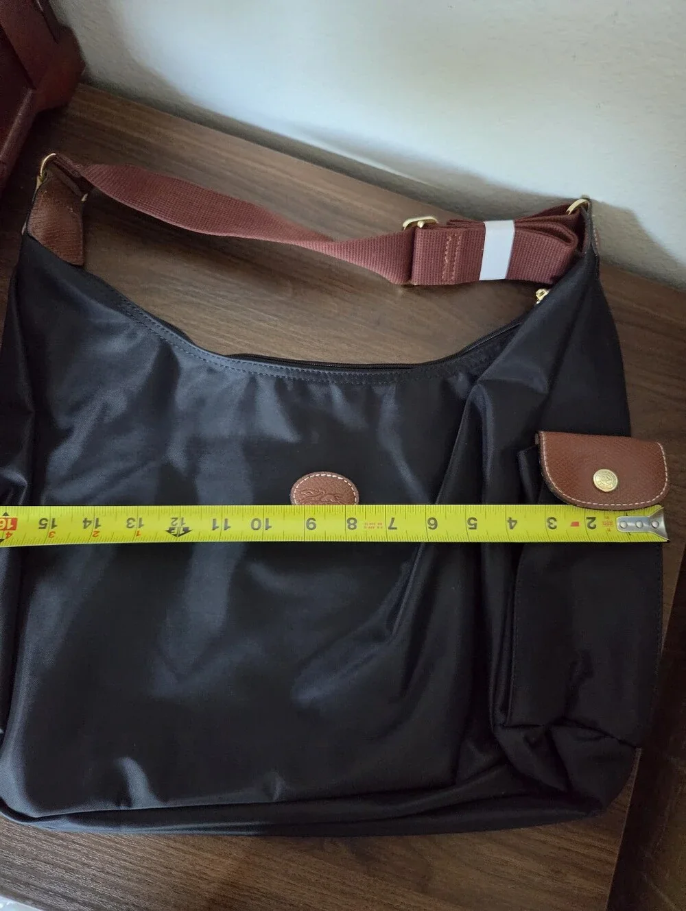 Longchamp Black Nylon Tote with Brown Leather Accents